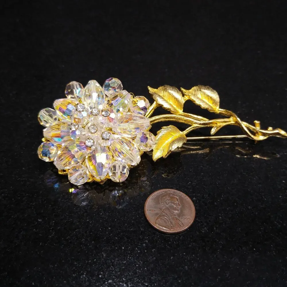 Vintage 1960s Crystal Beaded Flower Brooch, Gold Tone